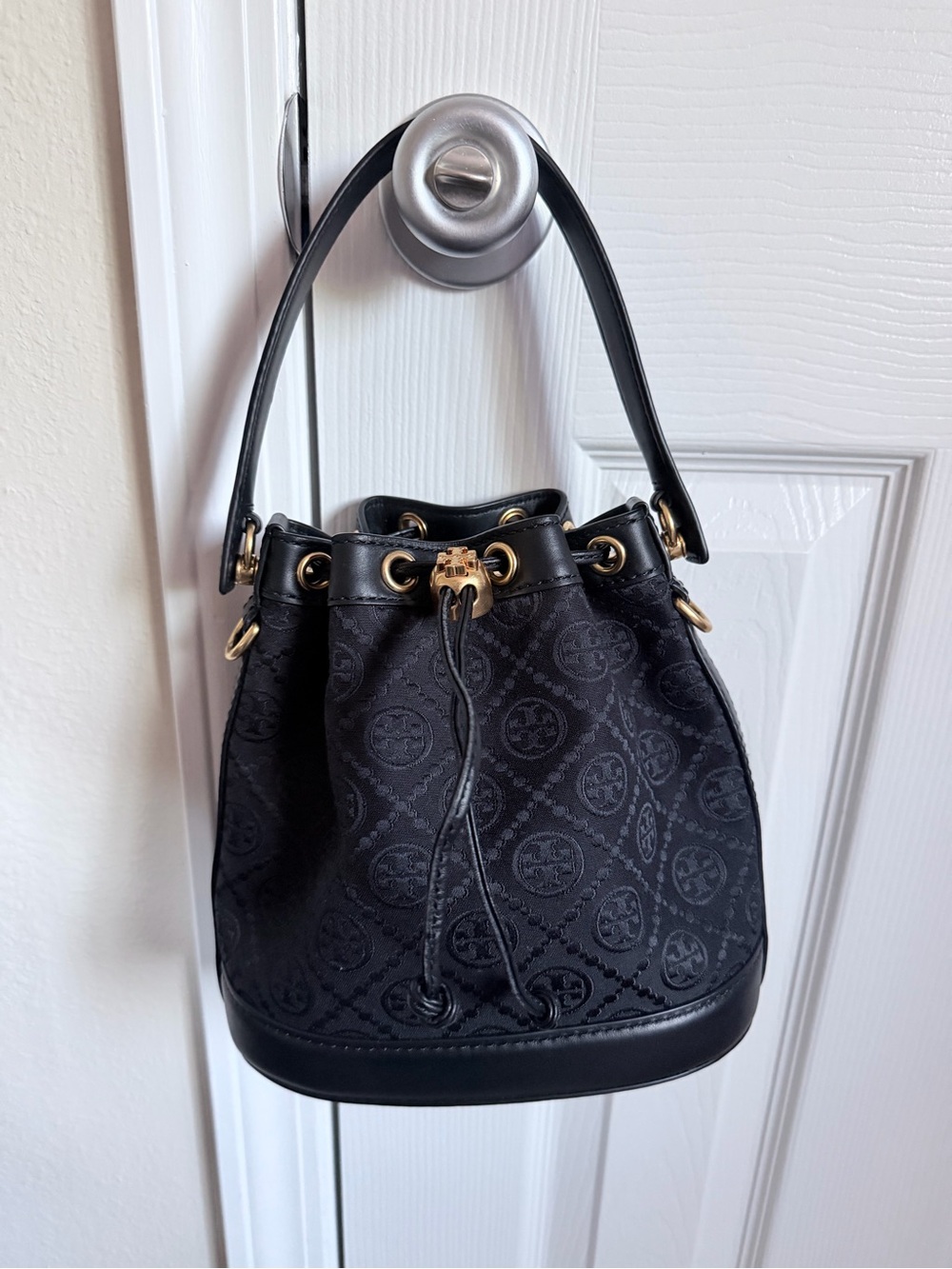 Tory Burch Black Logo Jacquard Drawstring Bucket Shoulder Bag
